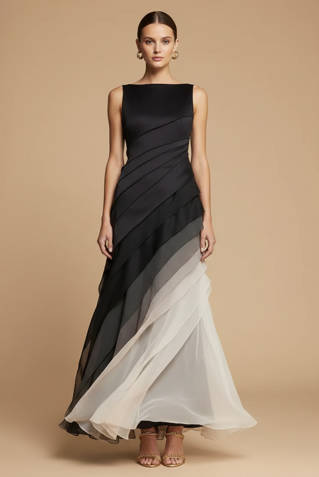 Women’s Ombré Chiffon Maxi Dress – Layered Asymmetric Cut, Sleeveless