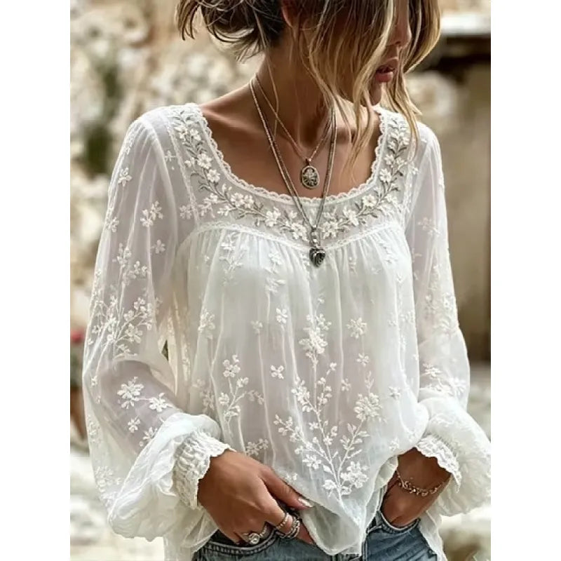 Women's Blended Linen Blouse – Floral Embroidery, Relaxed Fit