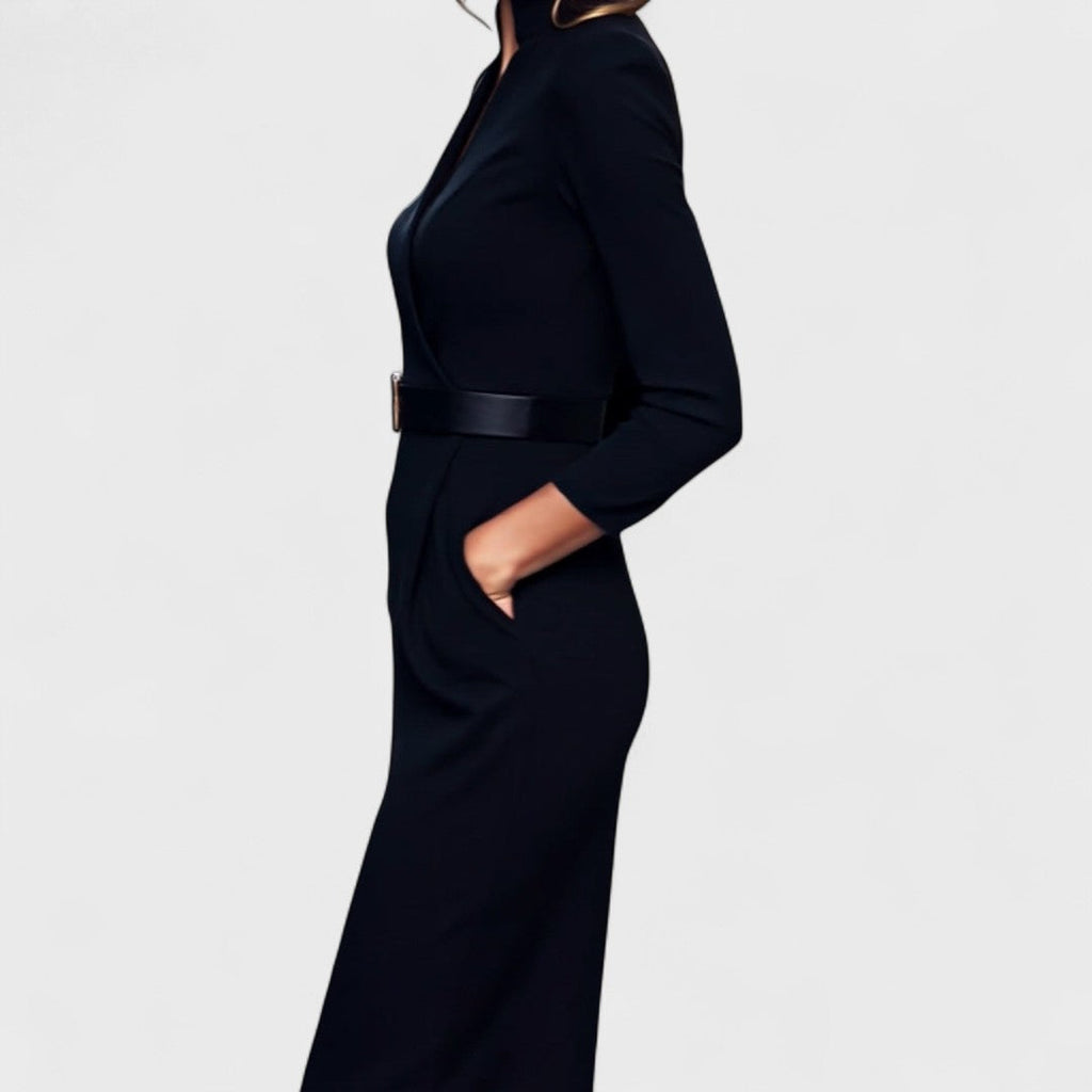 Women's fitted midi dress in stretch fabric – belted V-neck long sleeves