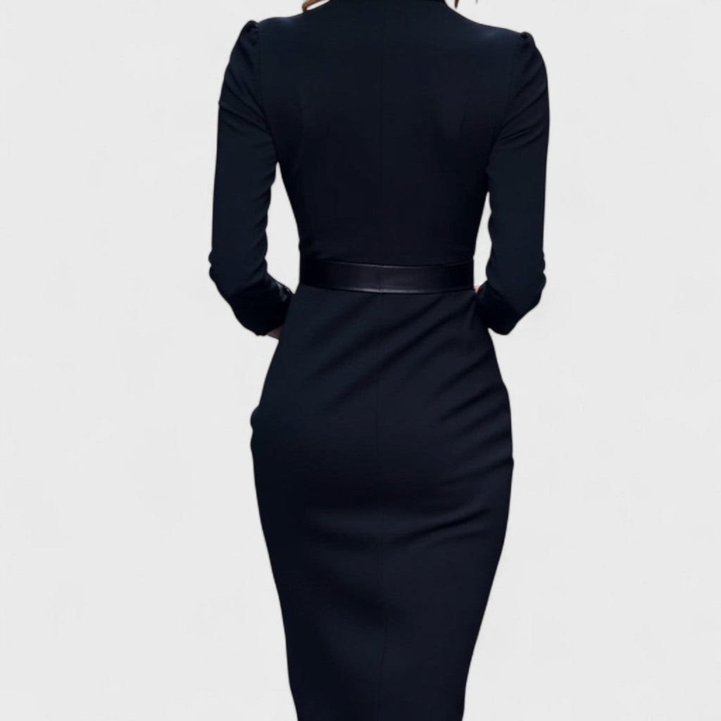 Women's fitted midi dress in stretch fabric – belted V-neck long sleeves