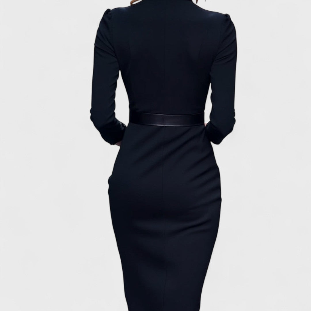Women's fitted midi dress in stretch fabric – belted V-neck long sleeves