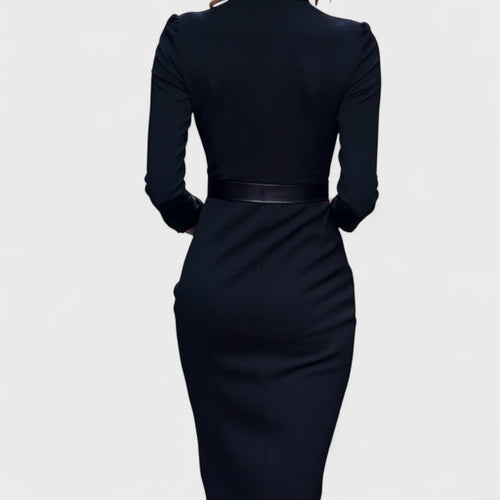 Women's fitted midi dress in stretch fabric – belted V-neck long sleeves