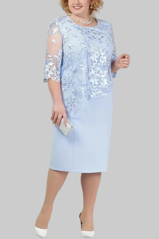 Women's Midi Dress with Floral Embroidery – Lace Sleeves, Straight Cut
