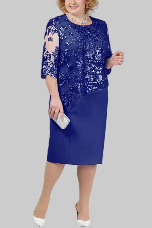 Women's Midi Dress with Floral Embroidery – Lace Sleeves, Straight Cut
