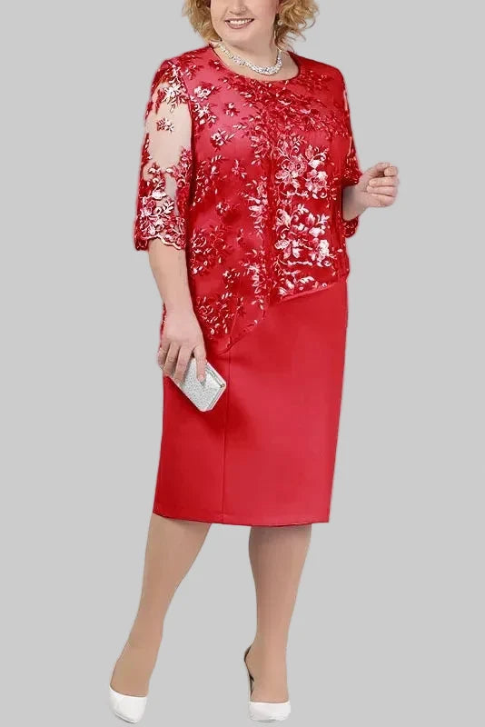 Women's Midi Dress with Floral Embroidery – Lace Sleeves, Straight Cut
