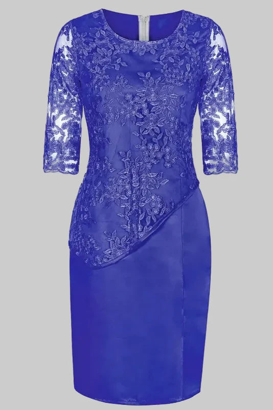 Women's Midi Dress with Floral Embroidery – Lace Sleeves, Straight Cut
