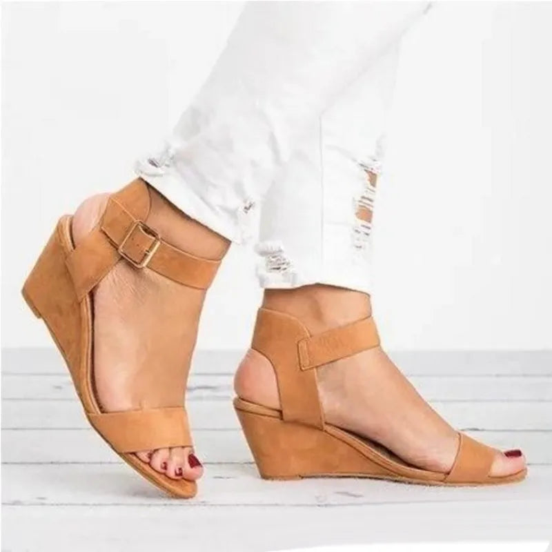 Women's Wedge Heel Sandals – Elastic Ankle Strap & Open Toe