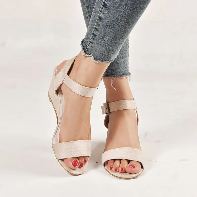 Women's Wedge Heel Sandals – Elastic Ankle Strap & Open Toe