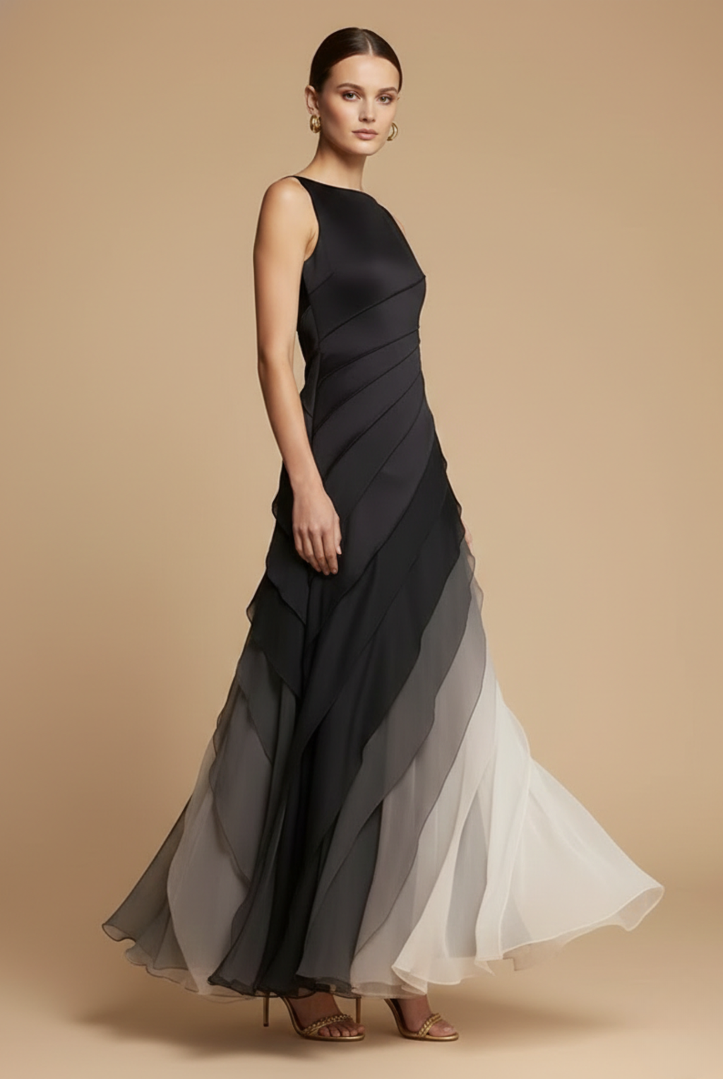 Women’s Ombré Chiffon Maxi Dress – Layered Asymmetric Cut, Sleeveless