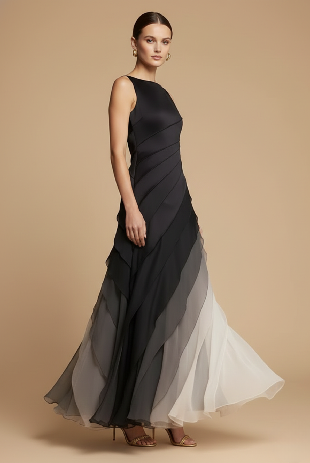 Women’s Ombré Chiffon Maxi Dress – Layered Asymmetric Cut, Sleeveless