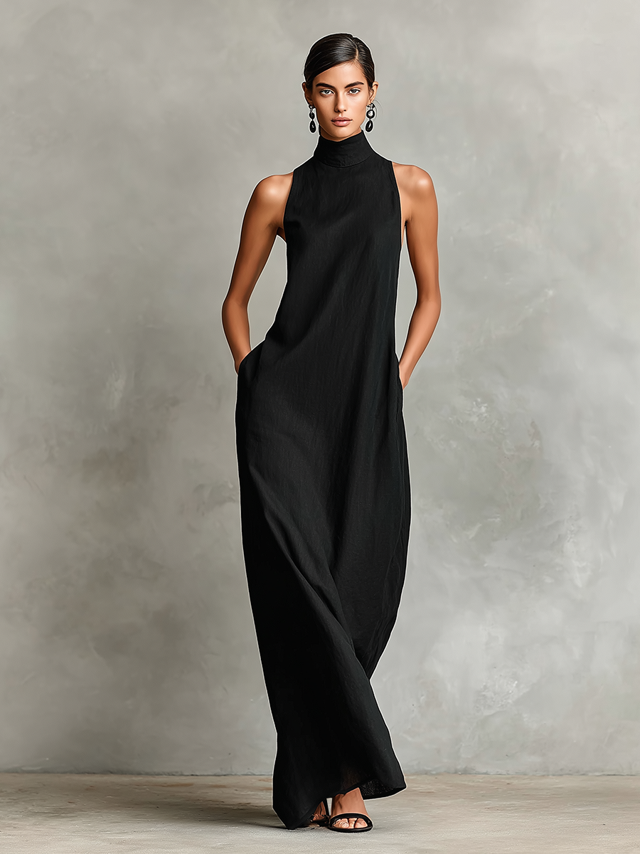 Long Women's Dress with High Collar – Fluid and Elegant Silhouette