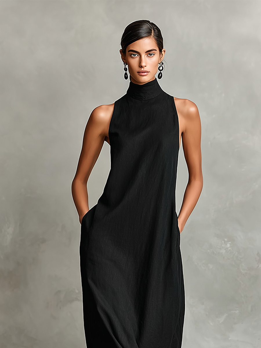 Long Women's Dress with High Collar – Fluid and Elegant Silhouette