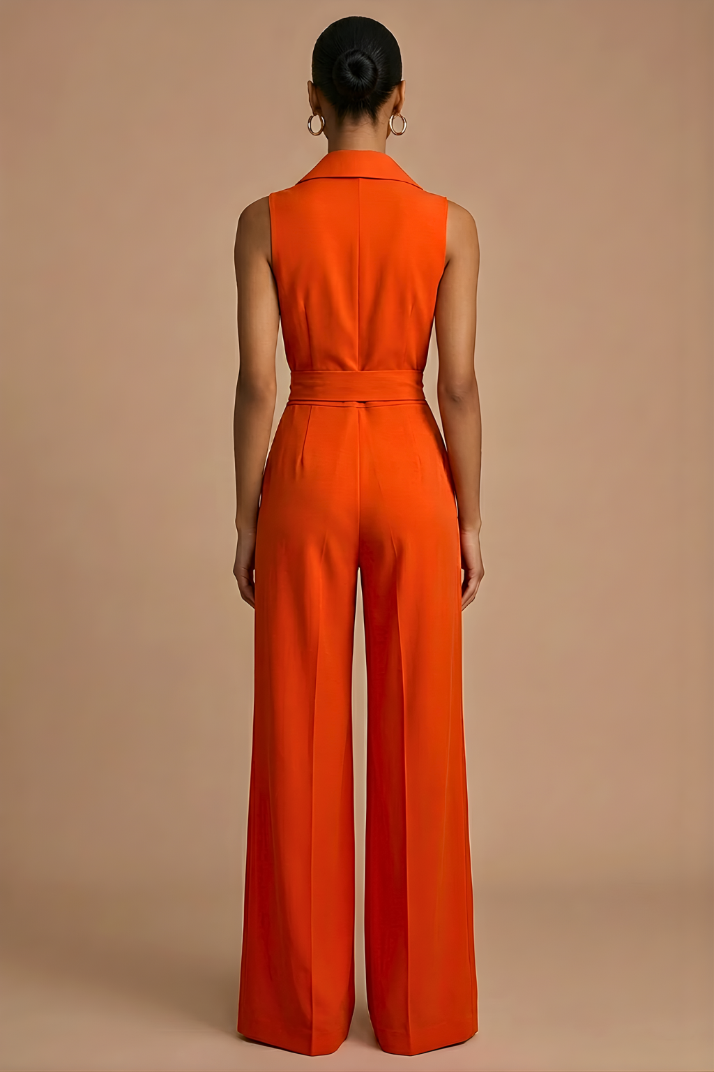 Women’s Sleeveless Wide-Leg Jumpsuit – Buttoned Shirt Collar, Belt