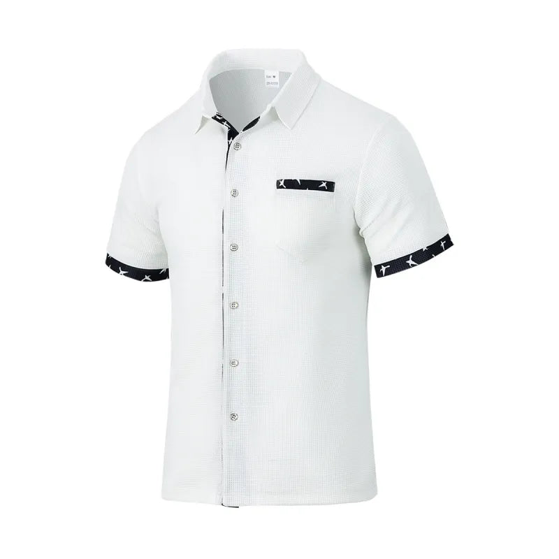 Men's Woven Fabric Shirt – Classic Collar, Buttons, and Contrasting Piping
