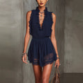 Women's Mini Dress with Transparent Layering – Ruffled Collar and Lace Trim