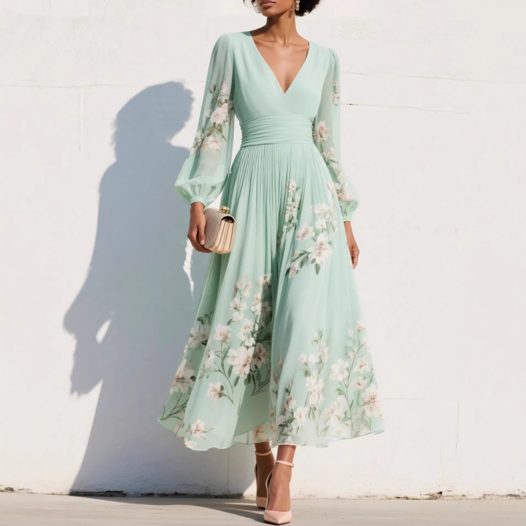 Women’s Chiffon Maxi Dress – Long Sleeves, Pleated Flared Cut