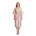 Women's Satin Midi Dress – Batwing Sleeves & Jewel Draped Waist