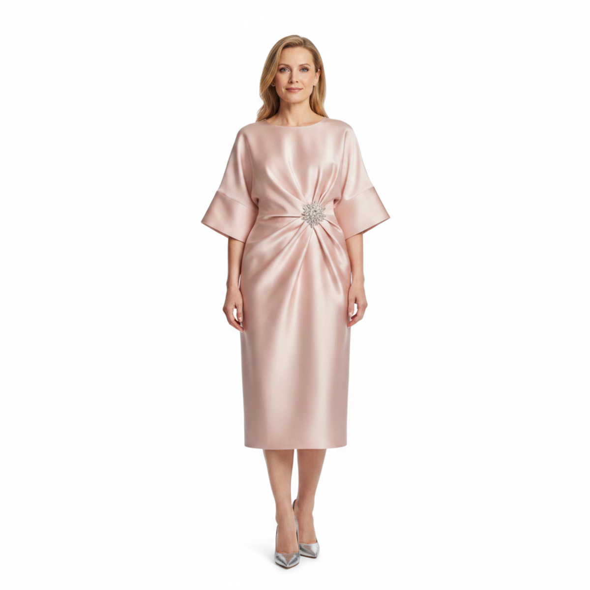 Women's Satin Midi Dress – Batwing Sleeves & Jewel Draped Waist