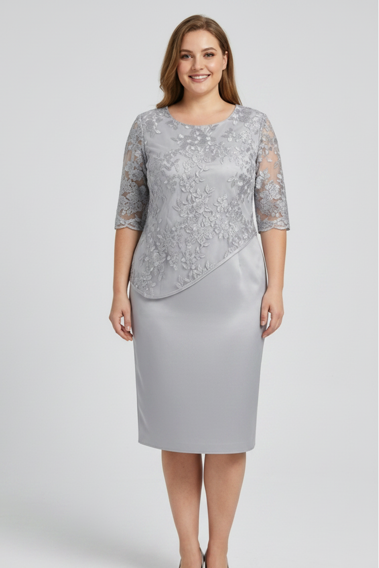 Women's Midi Dress with Floral Embroidery – Lace Sleeves, Straight Cut