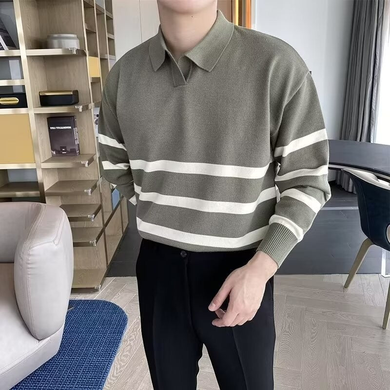 Men's Mixed Cotton Polo – Long Sleeve Polo with Contrasting Stripes