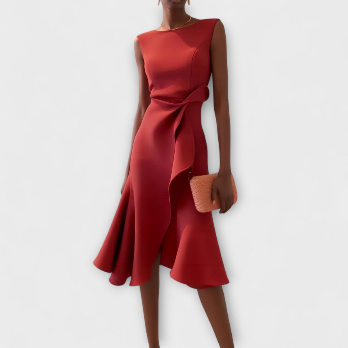 Women's Structured Sleeveless Midi Dress – Round Neck Fitted Flared Hem