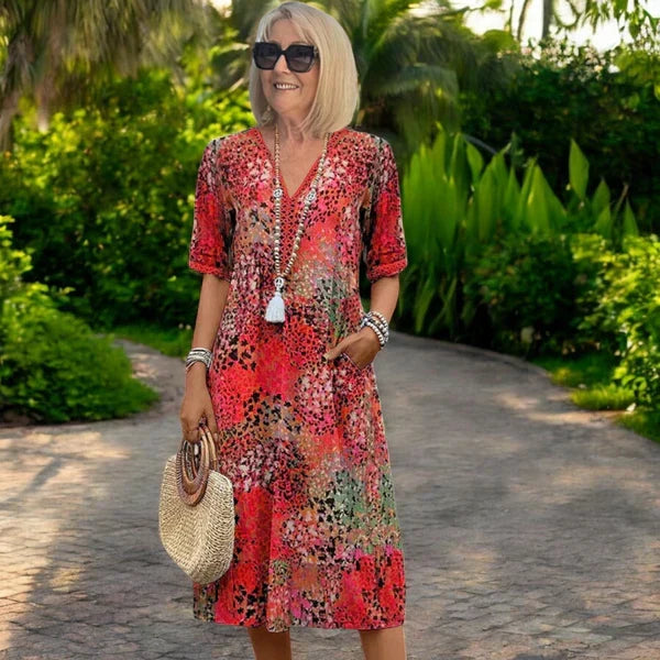 Women's lightweight bohemian midi dress – V-neck relaxed fit