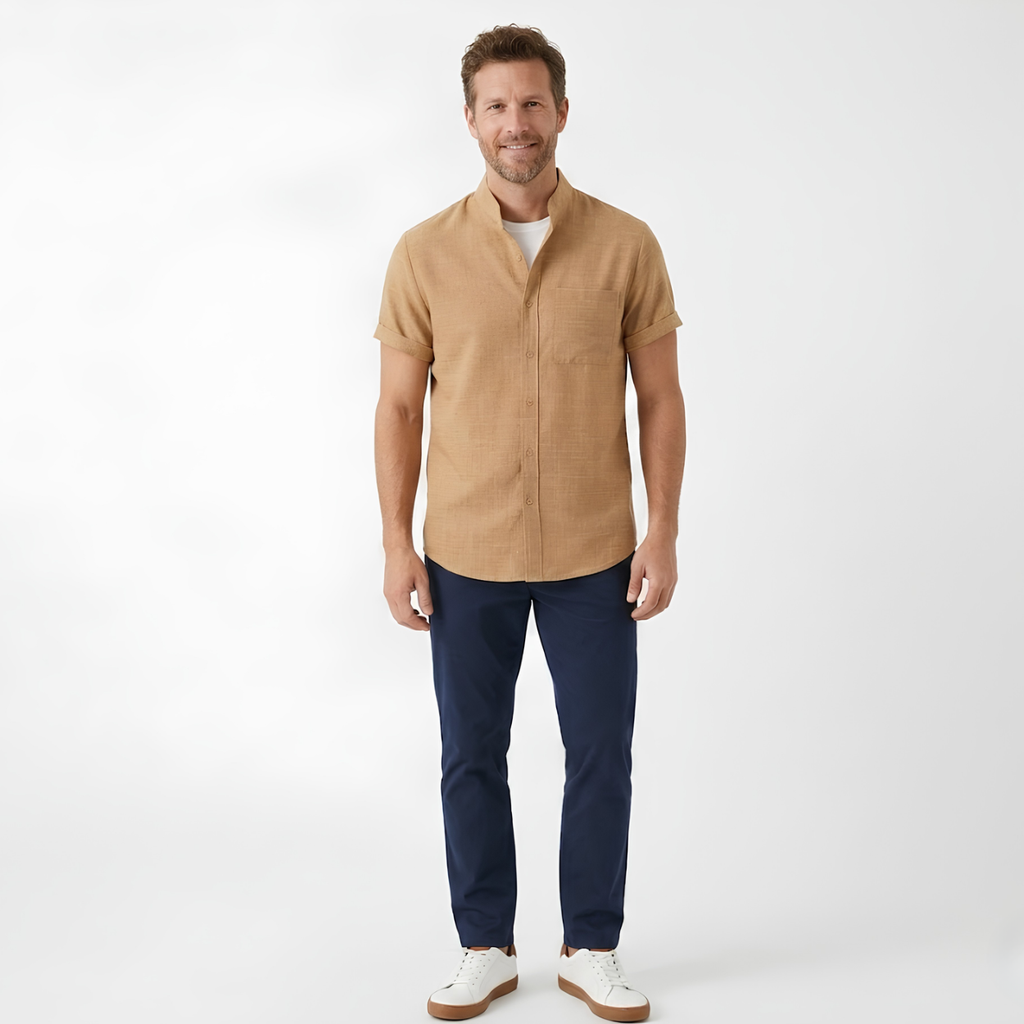 Men's Cotton-Linen Short Sleeve Shirt – Mandarin Collar Straight Cut