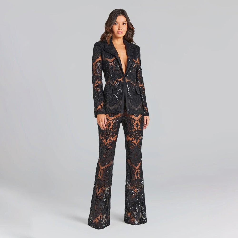 Women's Two-Piece Lace Set – Tailored Fit Sheer Cut-Out Effect