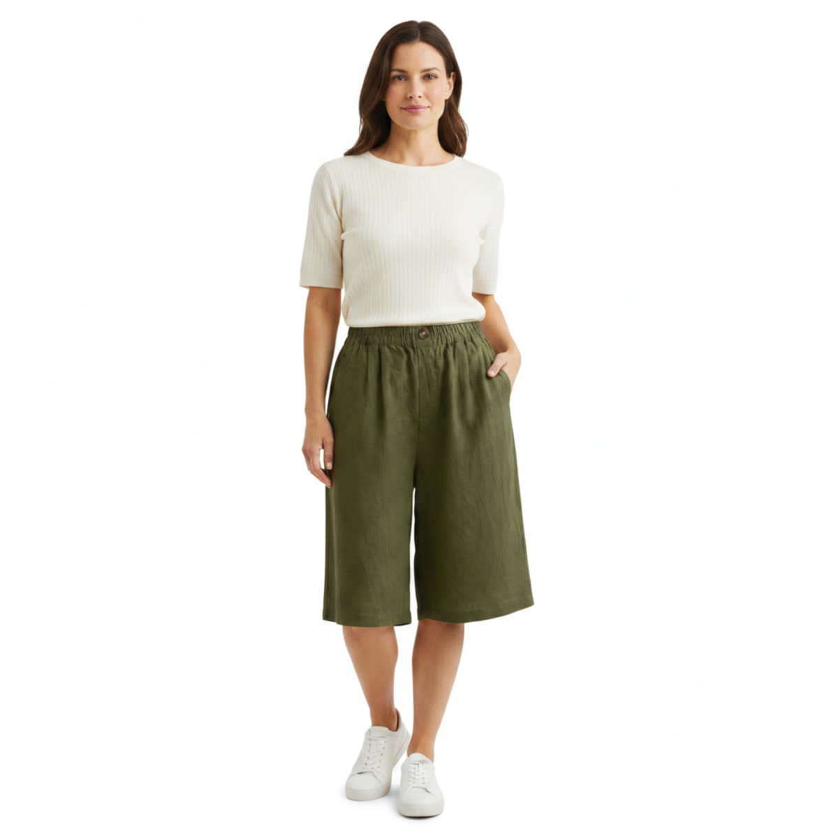 Short Women High Waist in Cotton-Linen Blend – Relaxed Fit