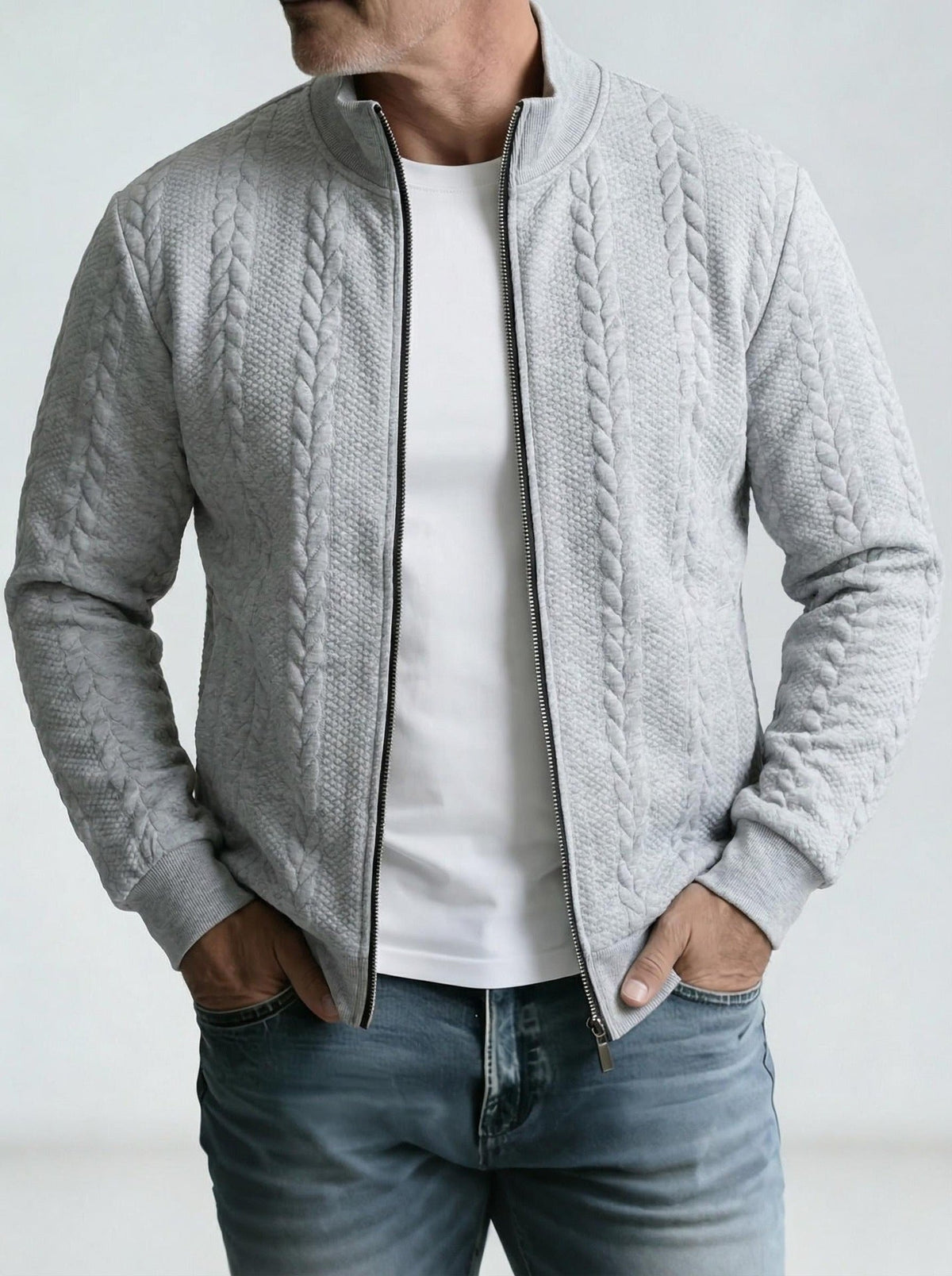 Men's Jacquard Stand-Collar Jacket – Textured Zip-Up Style