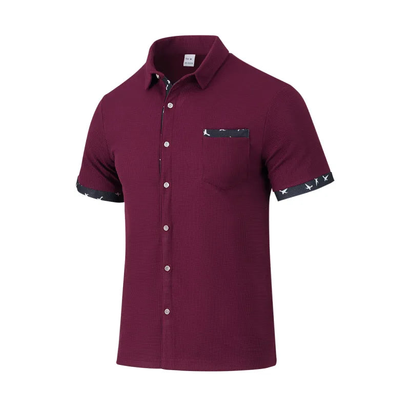 Men's Woven Fabric Shirt – Classic Collar, Buttons, and Contrasting Piping
