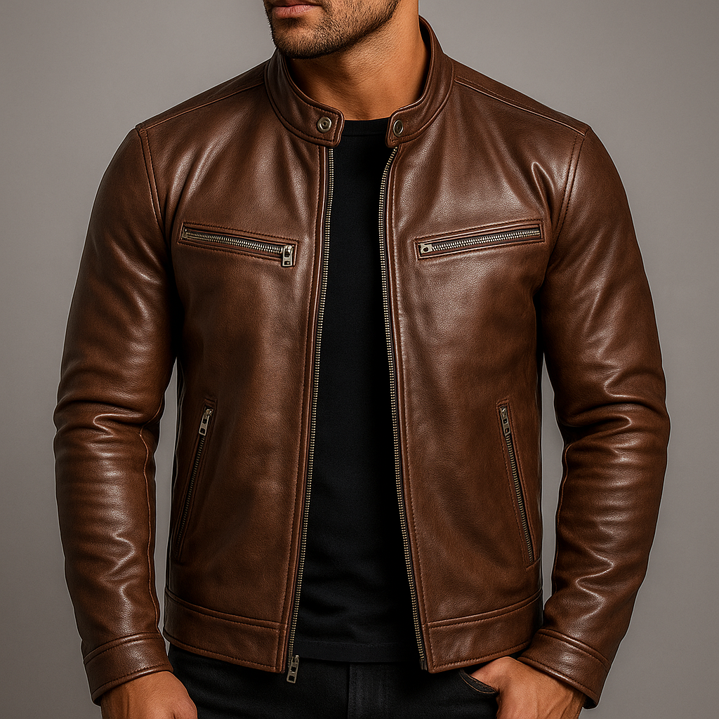 Men’s Vintage Leather Jacket – Stand Collar Structured Cut Zip Fastening Pockets