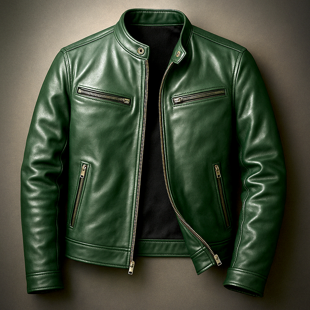 Men’s Vintage Leather Jacket – Stand Collar Structured Cut Zip Fastening Pockets