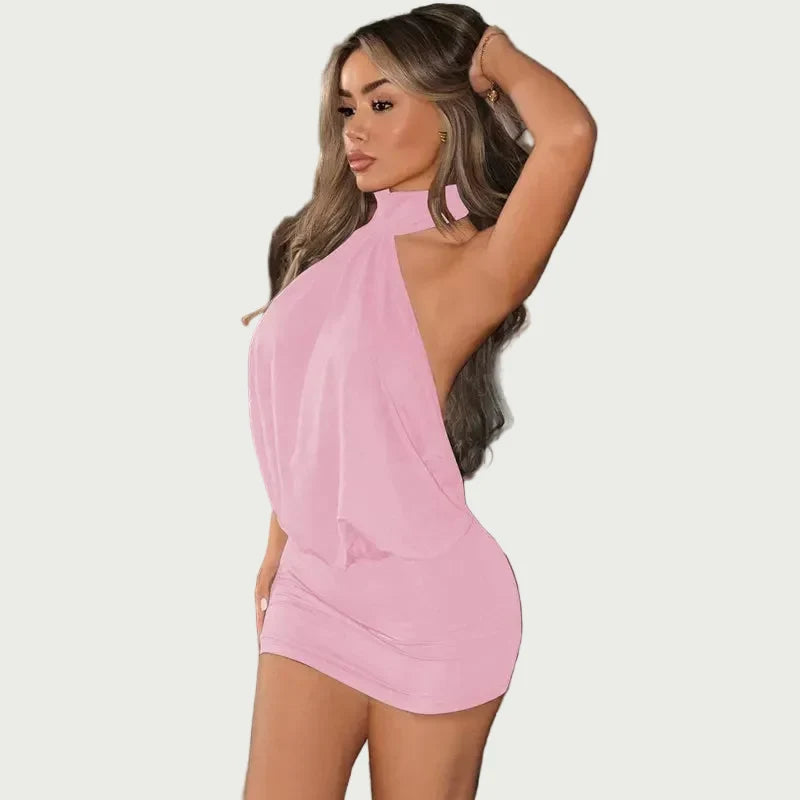 Women's Mini Backless Dress – Halter Neck, Bodycon Fit