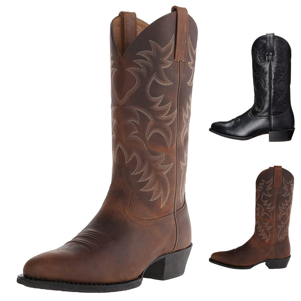 Men's Embroidered Cowboy Boots – High Shaft Square Heel Slip-On