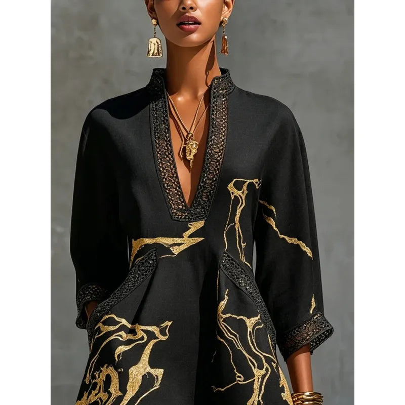 Women's Mini Dress V-Neck Lace – Casual Three-Quarter Sleeves