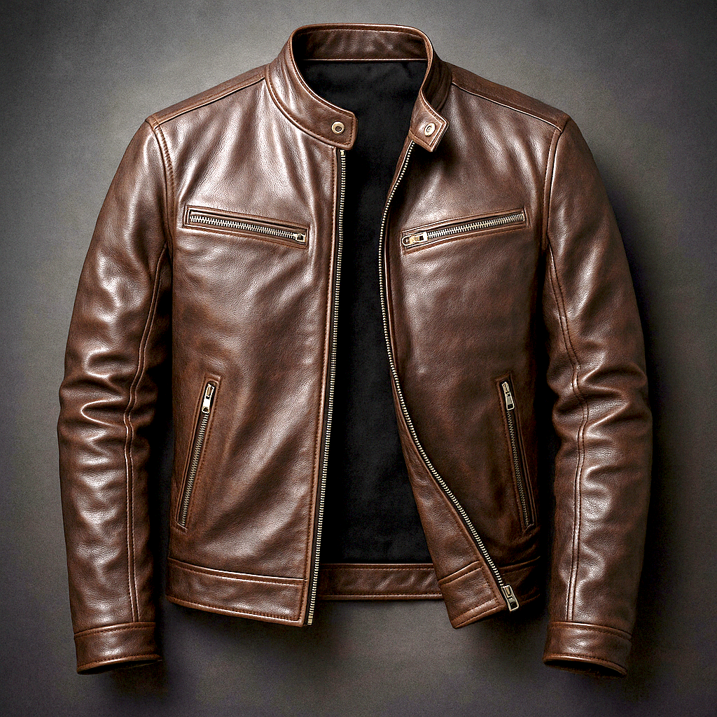 Men’s Vintage Leather Jacket – Stand Collar Structured Cut Zip Fastening Pockets