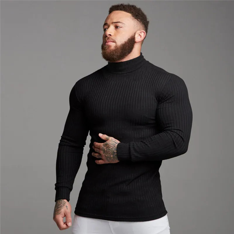 Men's Long-Sleeved T-Shirt with Mock Neck – Knitted Slim Fit