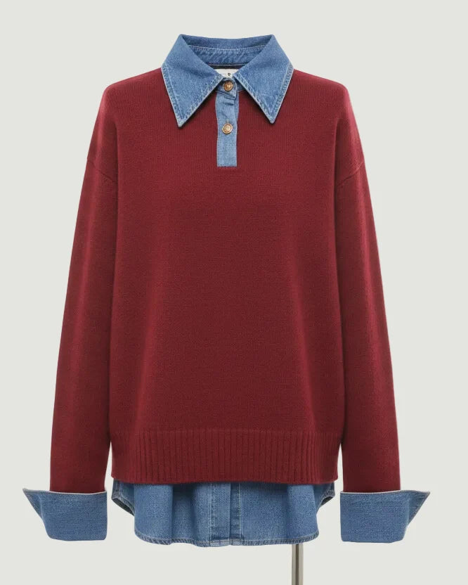 Women's Layered-Effect Knit Sweater – Denim Shirt Collar
