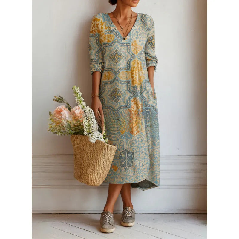 Women's Printed Midi Dress – Flowing Fit and Bohemian V-Neck