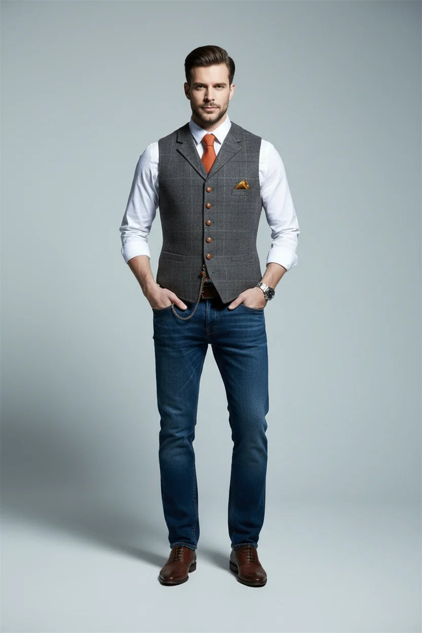 Men's Slim Checkered Vest – Elegant Notched Collar