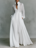 Women’s Pleated Maxi Dress – Lightweight Long Sleeves A-Line Cut Flared Hem