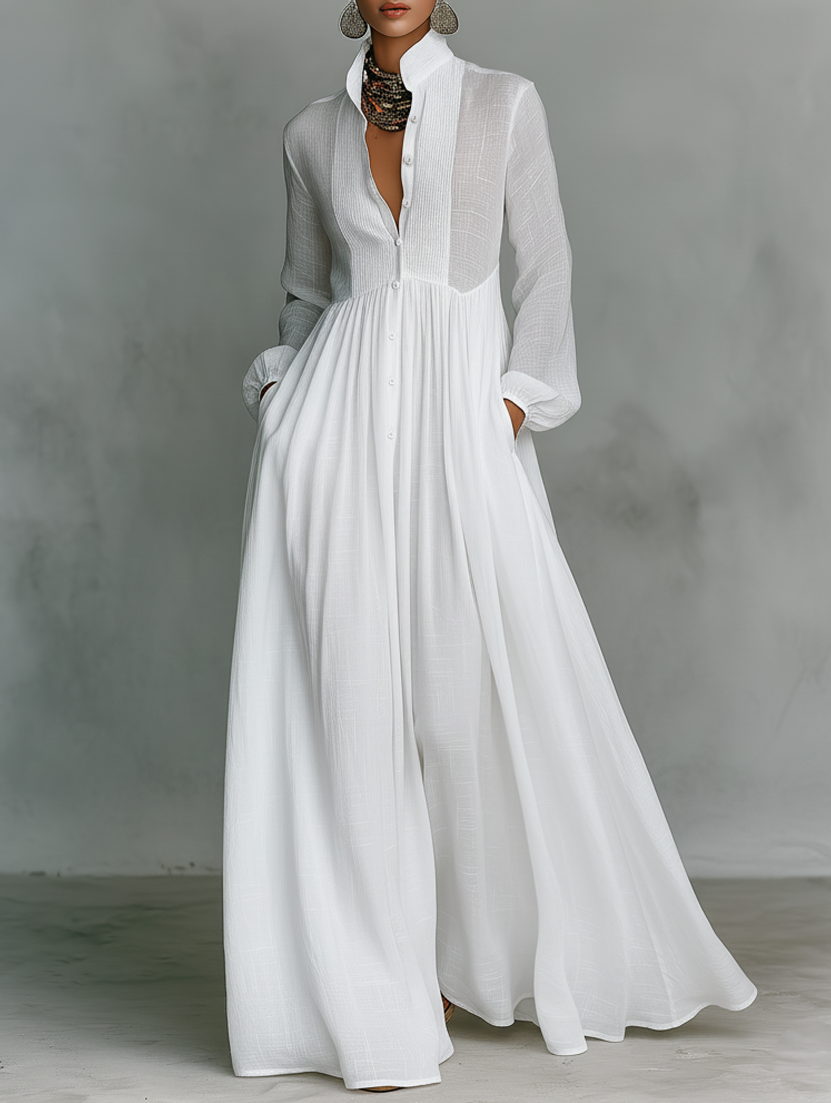 Women’s Pleated Maxi Dress – Lightweight Long Sleeves A-Line Cut Flared Hem