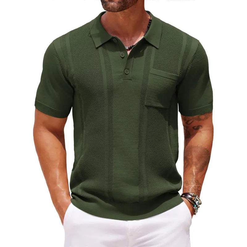 Men's Fine Knit Polo – Ribbed Edges and Textured Panels