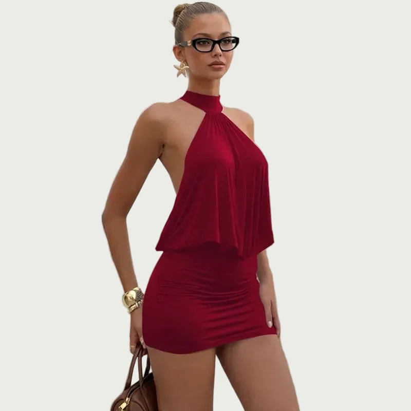 Women's Mini Backless Dress – Halter Neck, Bodycon Fit