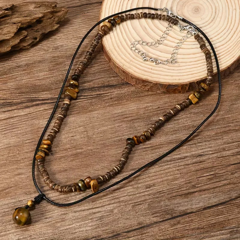 Men's Wooden Bead Necklace with Turquoise Pendant – Double Strand