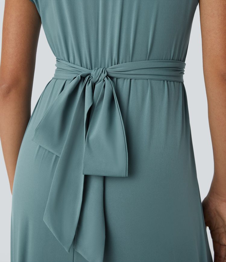 Women's Lightweight V-Neck Midi Dress – Elasticated Waist, Flared Cut