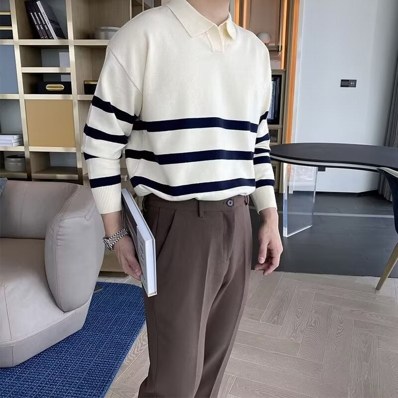 Men's Mixed Cotton Polo – Long Sleeve Polo with Contrasting Stripes