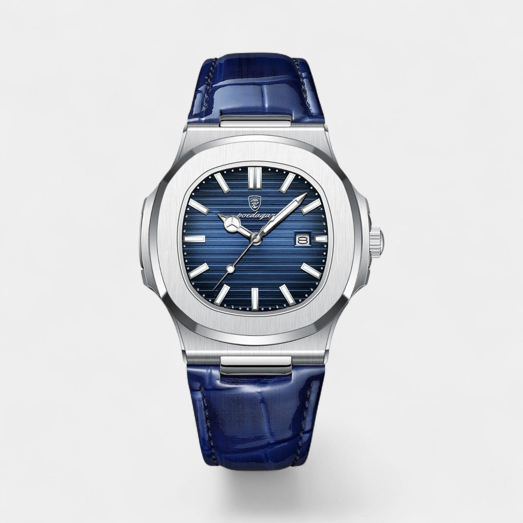 Men's Blue Leather Strap Watch – Luminous and Waterproof Quartz 40 mm