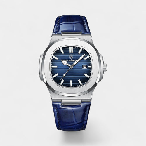 Men's Blue Leather Strap Watch – Luminous and Waterproof Quartz 40 mm